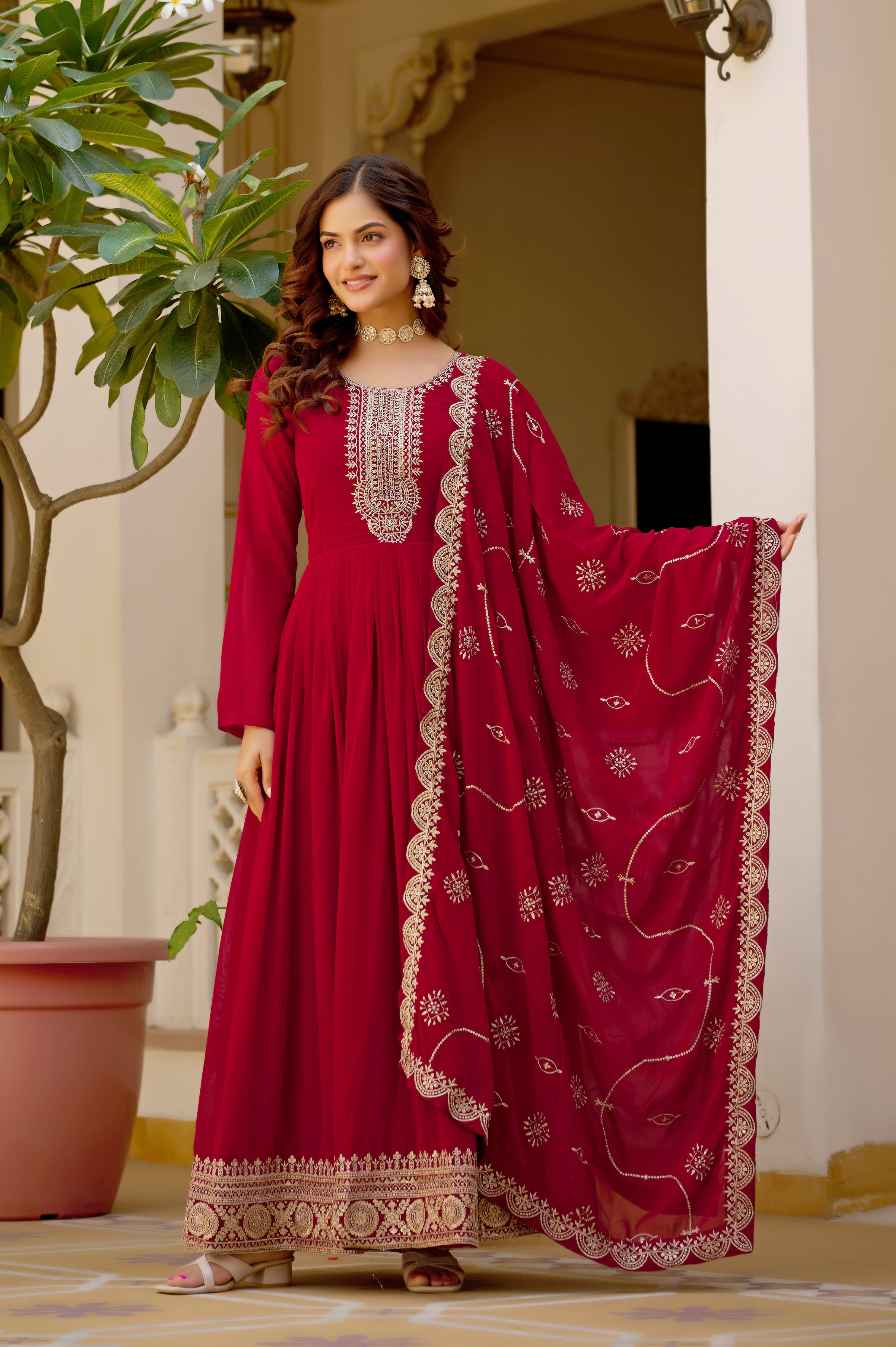 CRIMSON BLOOM ANARKALI GOWN WITH DUPATTA
