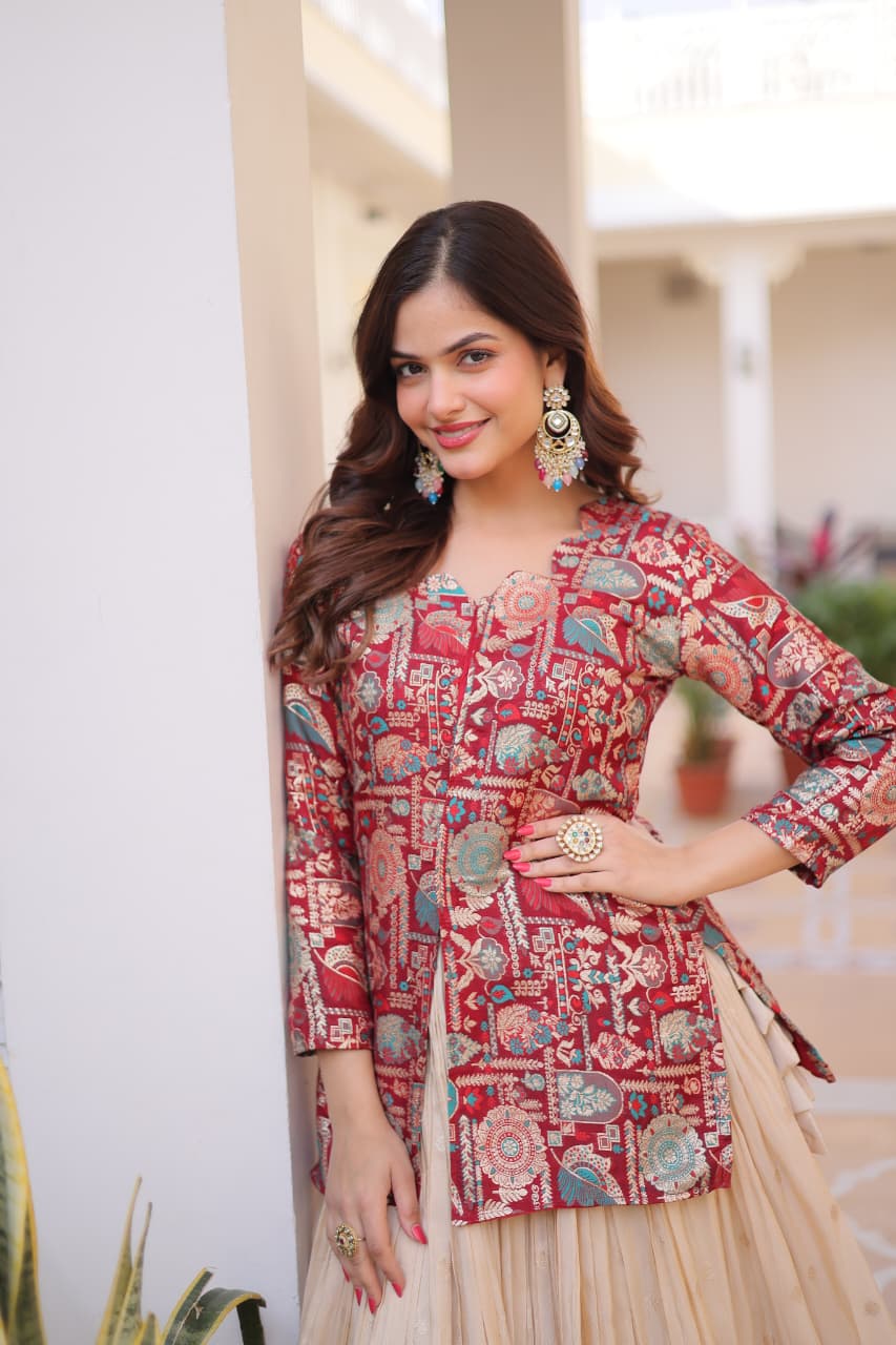 HERITAGE FUSION LEHENGA WITH LONGLINE JACKET BLOUSE